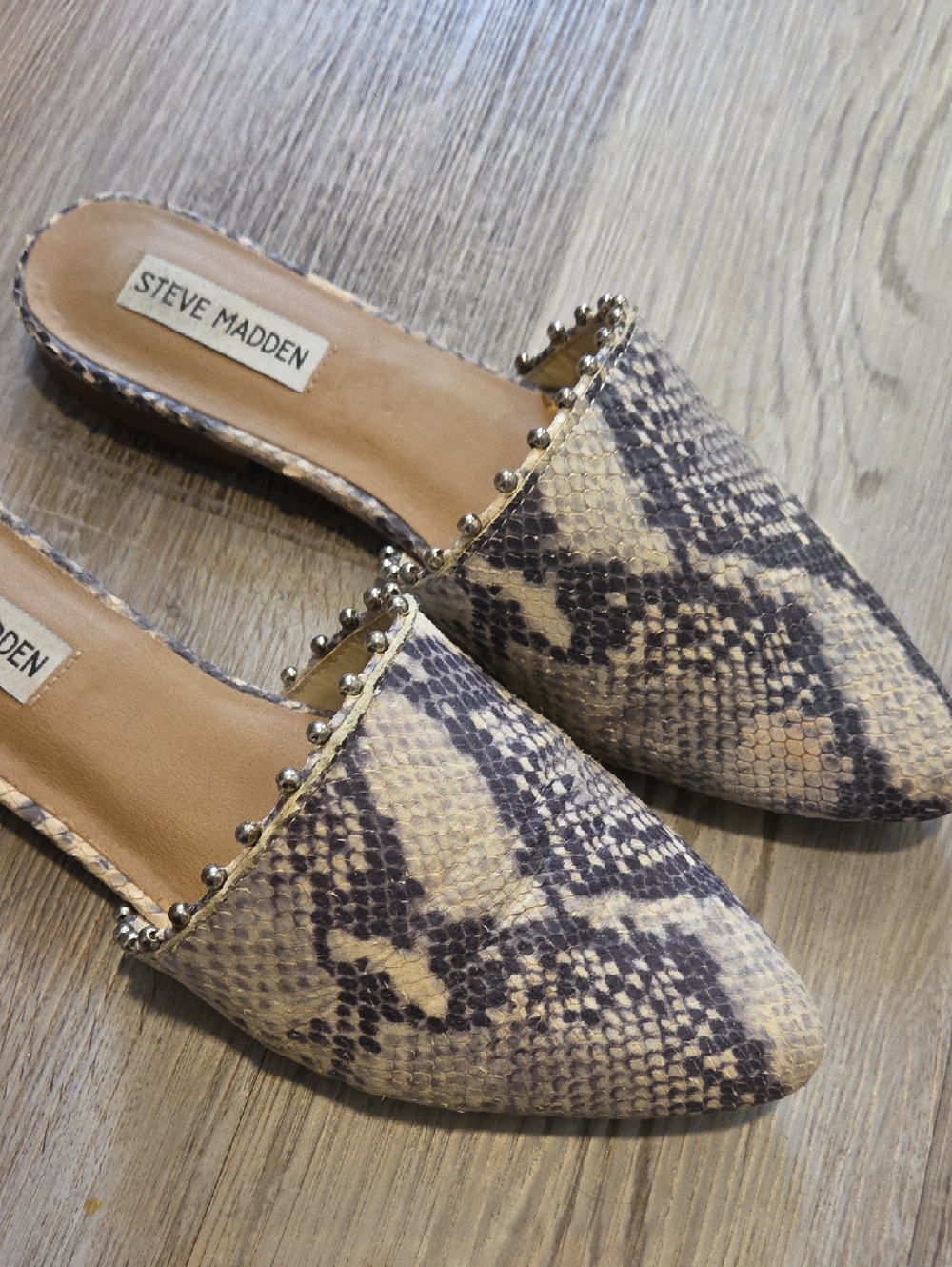 Steve Madden Snake-Print Pointed Slide Mules with Stud Trim - Picture 2 of 9